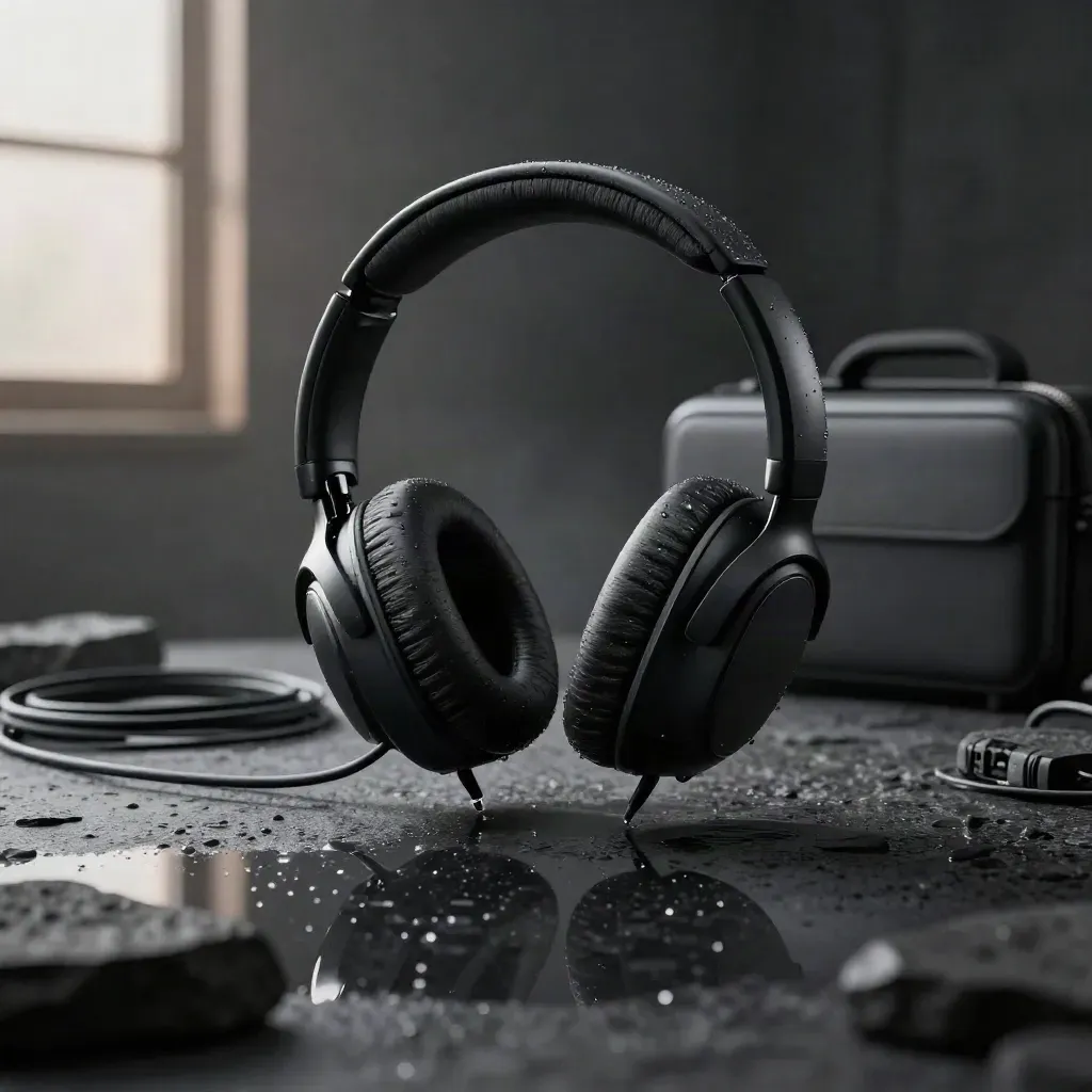 Cuffie over-ear nere sospese su basalto bagnato con riflessi e custodia sullo sfondo.