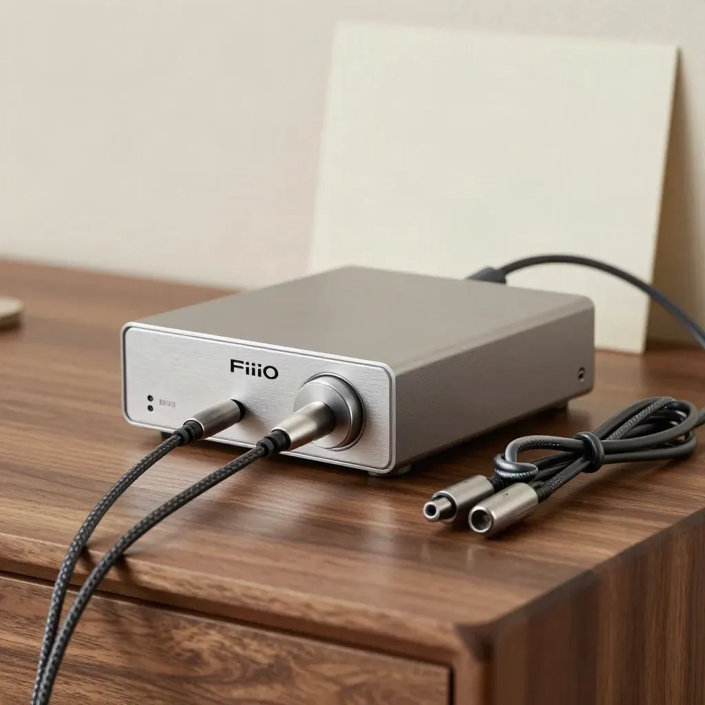 DAC/amp FiiO K7 su plinto opaco con cavi e luce morbida da studio