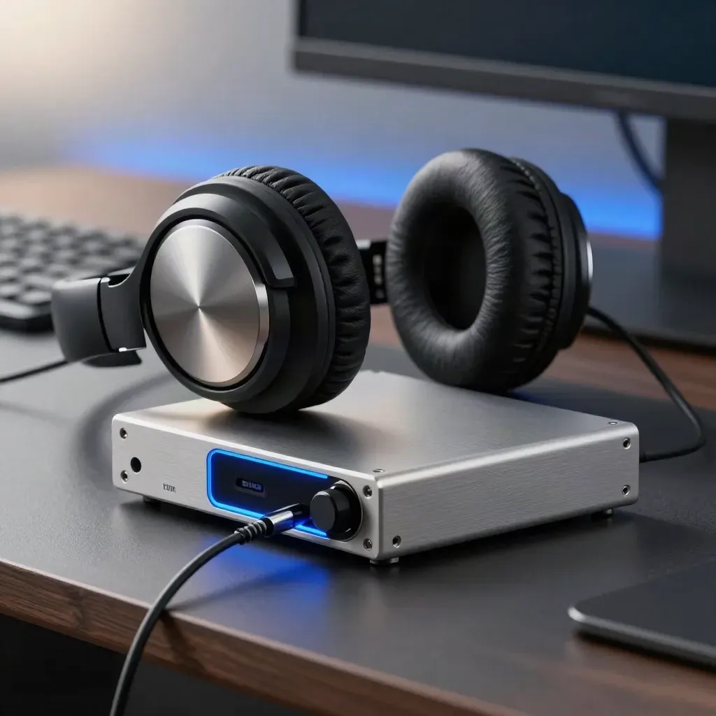 Cuffie over-ear, DAC e ampli su scrivania scura, con riflessi blu elettrico.