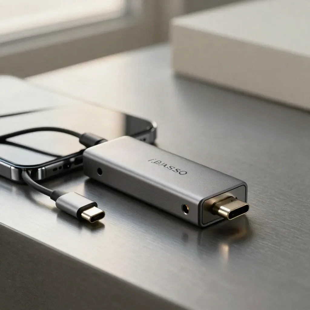 Dongle DAC USB-C su metallo spazzolato con cavo corto e telefono chiuso sullo sfondo