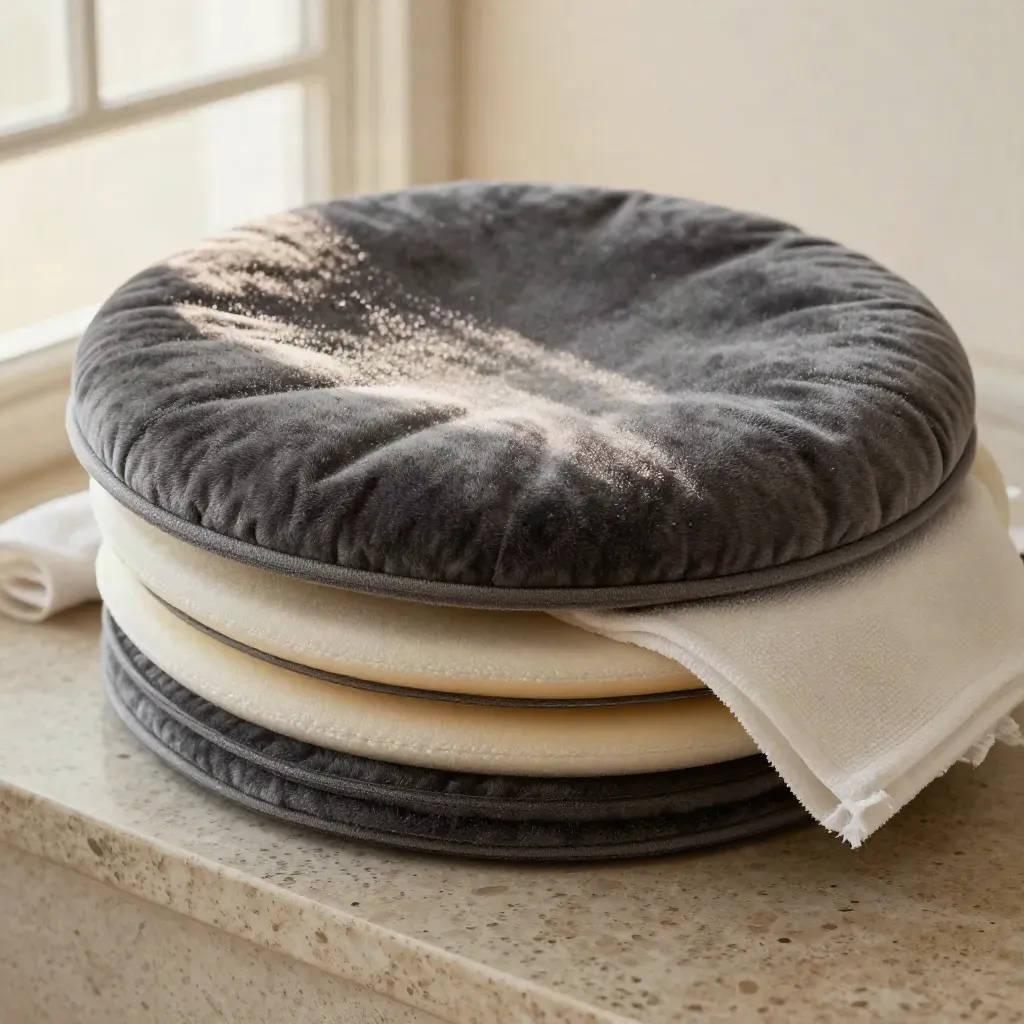 Pad vellutati di ricambio impilati con memory foam su lastra chiara, ripresa macro dall’alto.